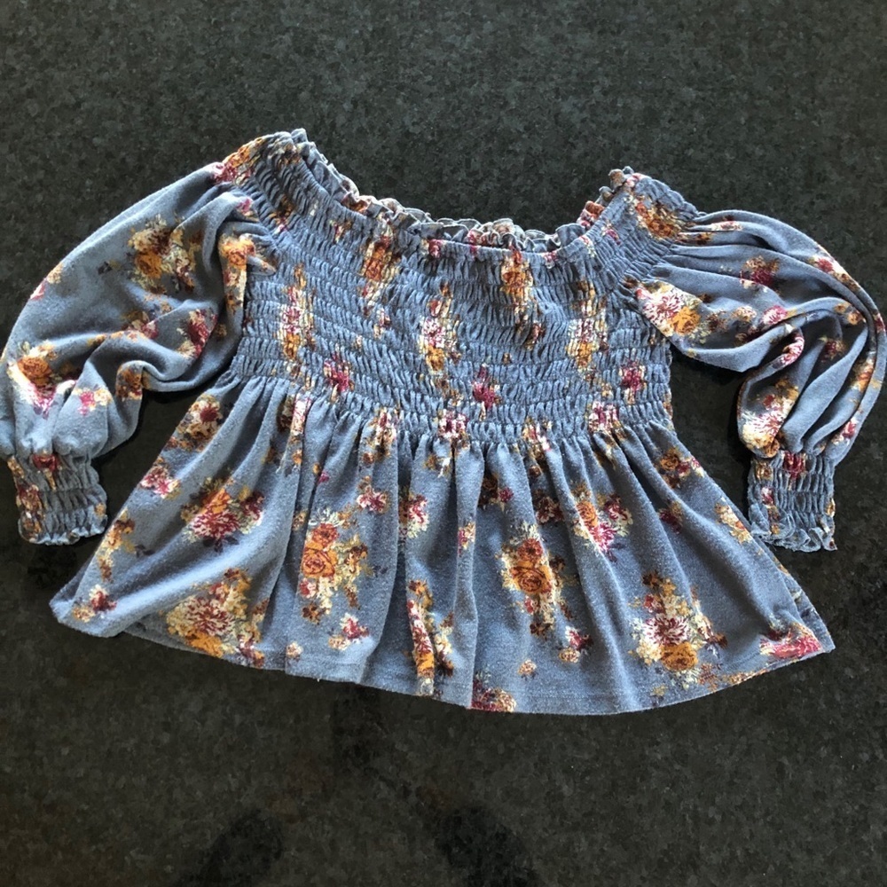 On or Off Shoulder Blue Floral Print Winter Top M